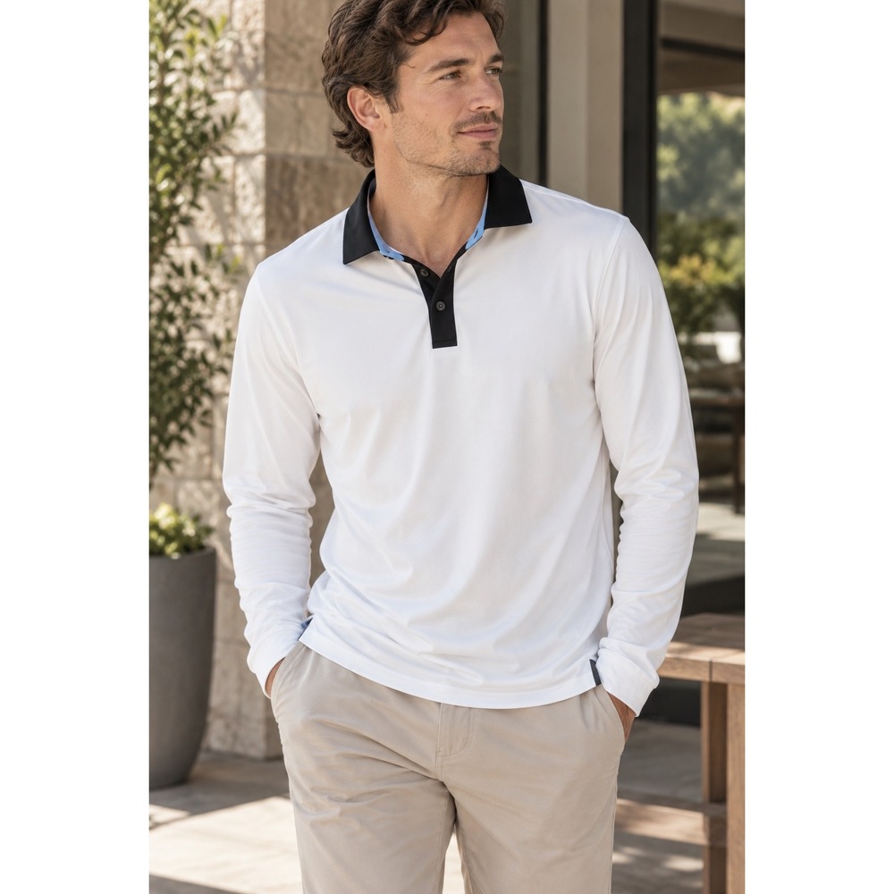Rhone Long Sleeve Performance Golf Polo Contrast Collar White Black M